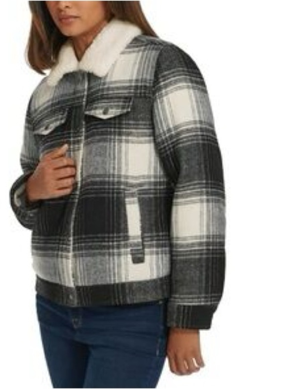 Women's Blue and White Plaid Sherpa Collar Jacket